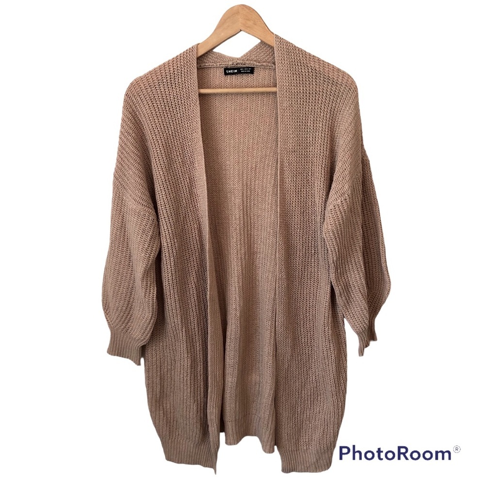 Shein Open Neutral Oatmeal Cozy Cardigan Sweater Balloon Sleeves Women’s 4